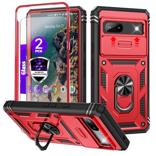 YmhxcY for Pixel 7A Case with Camera Cover Slider, 2*Tempered Glass Screen Protectors,Build in 360°Rotating Ring Kickstand, Military Grade Protective Case for Pixel 7A 6.1"-Red/Black