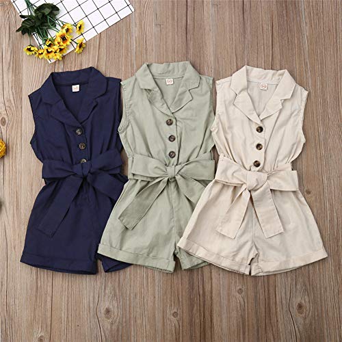 Rtnnsbbfcm Toddler Baby Girl Turn Down Collar Romper Bodysuit with Belt Buttons Solid One Piece Jumpsuit Outfit Clothes (Beige,4-5T) - Thumbnail 2