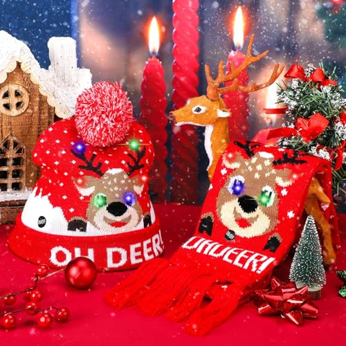 2 Pieces LED Light up Christmas Hat Lights Scarf Set Xmas Flashing Beanie Cap Knitted Scarf for Christmas Holiday Party4