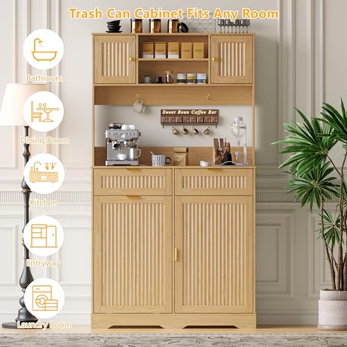 Image of Single 13 Gallon Tilt Out Trash Can Cabinet,Garbage Cabinet with Drawer | Hidden Garbage Storage with Fluted Design, Drawer & Hooks for Kitchen, Dining Room and Small Space Organization,Natural Oak