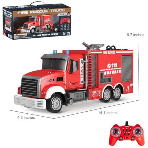 QuirkyGlee RC Fire Truck Toy - Remote Control Toy Fire Truck - Rescue Fire Engine 11 CH with Rotating Water Spraying Pump Lights Sounds 2.4G Firetruck Toy for Kids Boys
