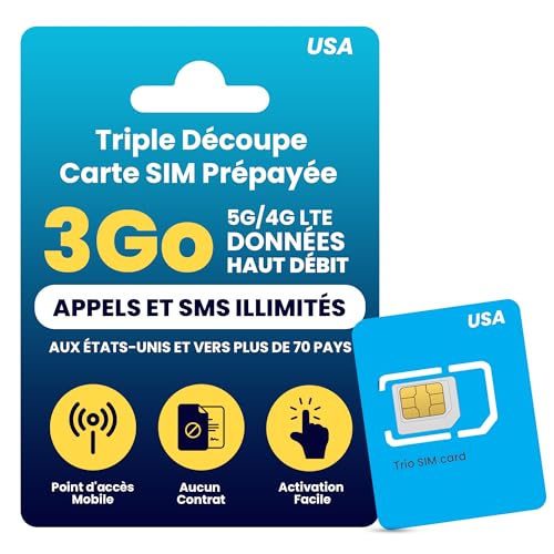 Carte SIM Prépayée Physique H2O Wireless 30 Jours USA avec 3 Go de Données 4G LTE/5G Haute Vitesse et 2 Go de Point d'Accès Mobile, Appels et Textos des États-Unis vers Plus de 70 Pays, Carte SIM US