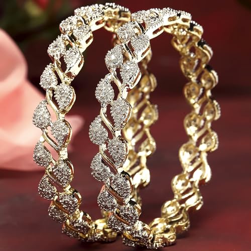 Image of ZENEME Bangle Gold Plated American Diamond Studded Sparkling Leafy Designed Set Of 2 Bangle Jewellery For Girl and Women