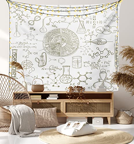 Lunarable Science Tapestry King Size, Science Theme Hand Drawn Style Chemistry Laboratory Illustration, Wall Hanging Bedspread Bed Cover Wall Decor, Twin Size, White Umber