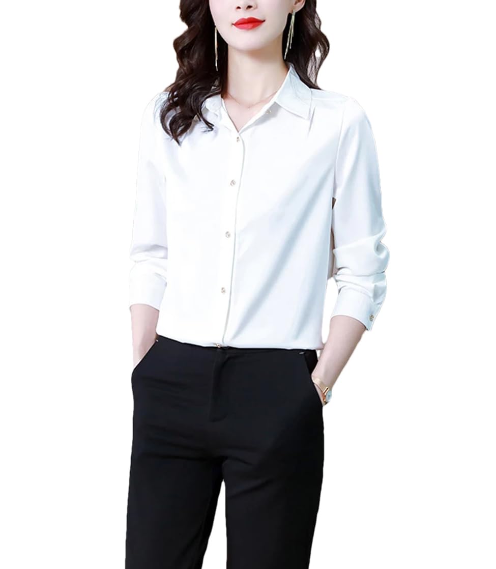 Camisa de seda para mujer, vintage, sólida, para mujer, con botones de metal, manga larga, camisas básicas para mujer