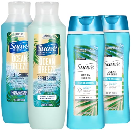 Suave Body Wash 2-Pack + Refreshing Shampoo and Conditioner Ocean Breeze Gentle Cleansing and Hair Care Set with Vitamin E Cruelty Free (4 Piece Set)