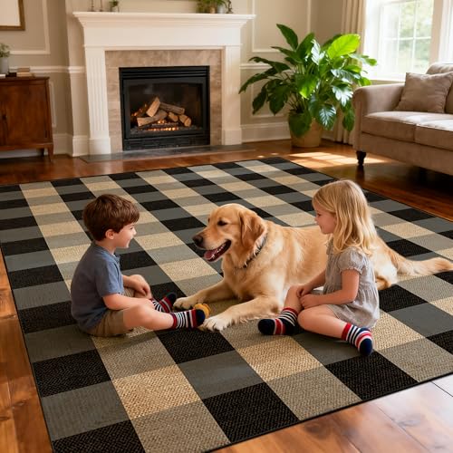 JROSING Washable Checkered Easy Jute Rug 5x7, Black Plaid Checkerboard Geometric Modern Outdoor Indoor Patio Large Rug, Woven Thin Carpet Mat for Living Dining Play Room Bedroom Classroom Kids Nursery
