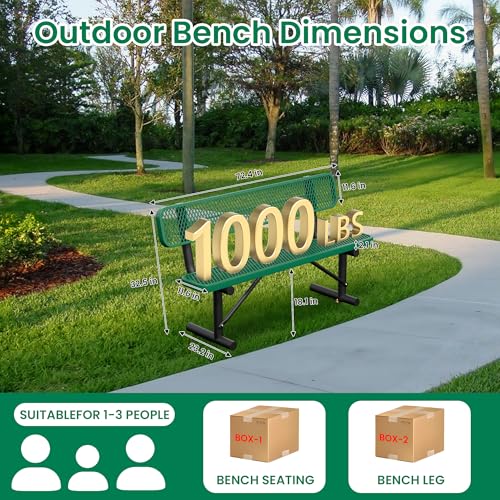 Image of Heavy Duty Park Bench with Back Portable Frame, Outdoor Steel Bench with Backrest, Outdoor Park Bench Expanded Metal Mesh Bench for Lawn, Park, Deck, Garden, Patio, Porch, Black (Green, 6FT)