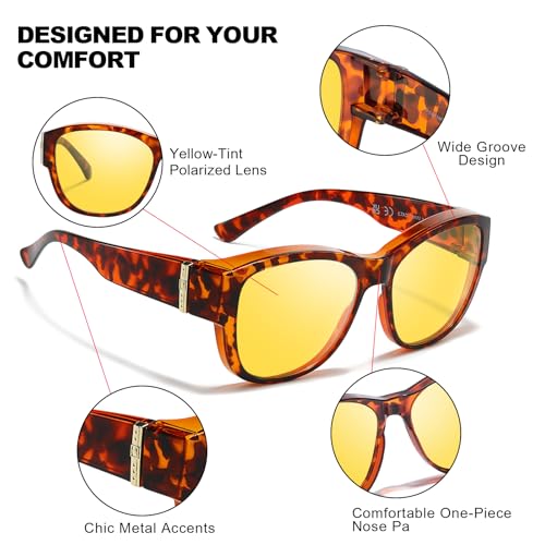 Trysee Women Oversized Night Vision Fit Over Glasses for Driving, Anti Glare Yellow Nighttime Glasses TS85114