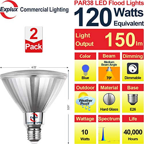 Explux LED PAR38 Blue Flood Light Bulbs, Dimmable, Full-Glass Weatherproof, 120W Equivalent, 2-Pack