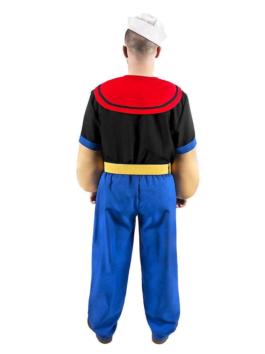 Maskworld Popeye Comic Seemann Kostüm + Pfeife komplett - 7-teilig mit Hemd, Hose, Muskel-Armen, Matrosenmütze und Pfeife (L)