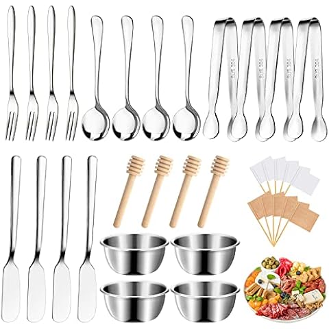 Mlurcu Cheese Butter Spreader Knives Set Charcuterie Board Accessories Stainless Steel Spreader Knives Forks Spoons Mini Serving Tongs Small Dipping Bowls Toothpick Flags Utensils for Pastry Making Cover
