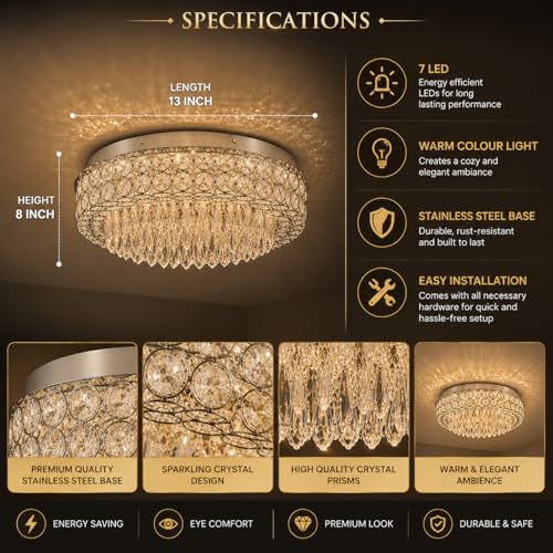 Image of Modern Crystal Ceiling Light | 63W LED Chandelier /Jhoomer | Stainless Steel Pendant Lighting Fixture | 13 Inch | Warm White | Living Room, Hall, Bedroom & Dining Room