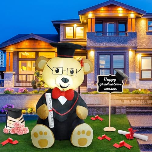 YEFOLAHK 4FT Graduation Inflatables Decorations Dr Bear with Built-in LED Lights Graduation Party Decorations Blow Up Dr Bear Perfect for Outdoor and Indoor Parties