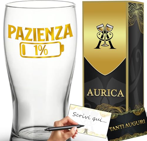 Aurìca Bicchiere Da Birra Personalizzato PAZIENZA 1% - Boccale Da 500 ml Perfetto per Brindisi Divertenti e Regali Originali Per Compleanni