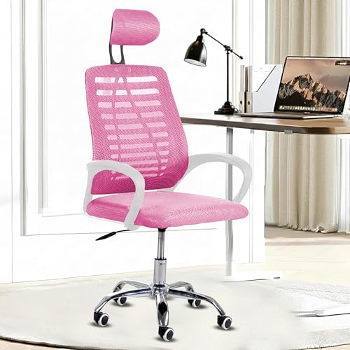 Image of Casa Copenhagen,Mesh Office Desk Chair,Rocking Ergonomic Computer Chair Adjustable High with Headrest and Comfortable Armrest Swivel - Pink & White Handle
