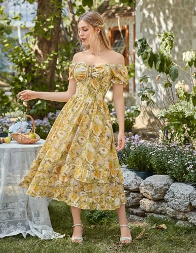 Image of Scarlet Darkness Women Floral Maxi Dress Puff Sleeve Tea Party Corset Dress | Pockets, Ruched Bust, Ruffled Hem, for Cottagecore Fairy Milkmaid Vacation