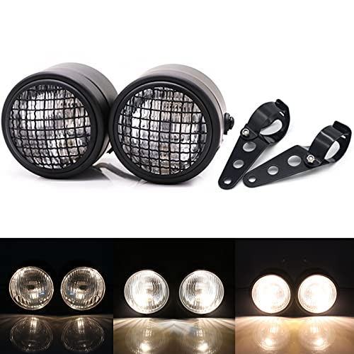 Doppio faro anteriore per moto con copertura della griglia e gruppo staffa di montaggio, faro anteriore alogeno a doppia lampada retrò per Bobber Street Fighter Naked Cafe Racer Dominator (stile 1)