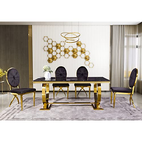 Acedécor Modern Dining Room Table With Gold Stainless Steel Metal U-Base In Black Gold #TOP5