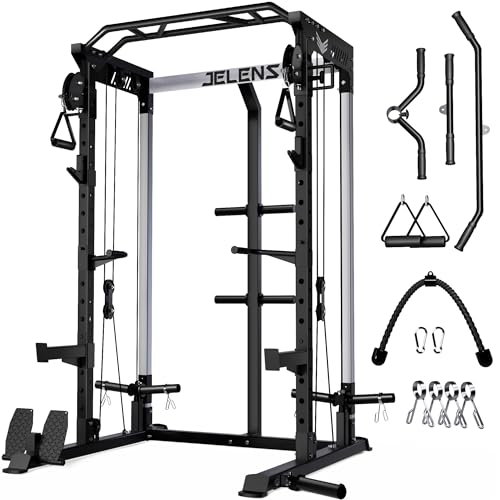 JELENS C21 Power Cage, 2000LBS Multi-Function Power Rack with Independent Dual Pulley System, All-in-One Squat Rack for Cable Crossover, Home Gym Workout Machine with More Training Attachments (Black)