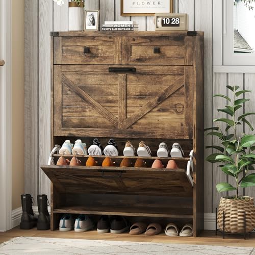 Halitaa Shoe Cabinet with 2 Flip Drawers & 2 Drawers,Farmhouse Shoe Storage Cabinet for Entryway,Slim Freestanding Narrow Organizer Rack for Front Door Entrance,Rustic Brown