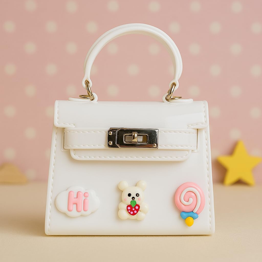 Ivory White Glossy Mini Purse for Kids – Cute Bear, Cloud & Lollipop Details with Chain Strap