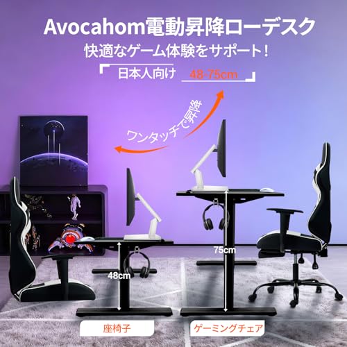 Avocahom 【ゲーマー必見】電動昇降式 ローデスク 炭素繊維天板 幅120cm 奥行60cm 昇降範囲48-75cm メモリー機能付き 静音設計 充電便利 座椅子対応 コンセント/マウスパッド付き人間工学 安定昇降 ゲーミングパソコンデスク 耐荷重70kg [3]