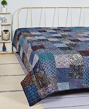 Home Indian Patchwork Kantha Quilt,Throw Handmade Silk Patola Kantha Bed Cover, Reversible Bedding Bedspread,Vintage Hand Stitch Gudri, Decorative Beach Blanket Queen 90" x 108, Blue