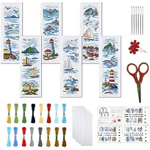 FREEBLOSS 6 Set Cross Stitch Bookmark Kit Stamped Cross Stitch Kit Ocean View Theme Embroidery Set with Instruction for Adults 8*2.4