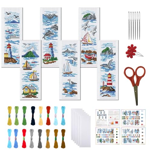 Image of FREEBLOSS 6 Set Cross Stitch Bookmark Kit Stamped Cross Stitch Kit Ocean View Theme Embroidery Set with Instruction for Adults 8''*2.4''