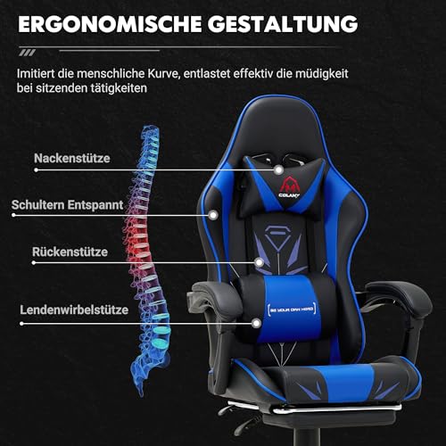 COLAMY Gaming Stuhl, Computer Stuhl mit Fußstütze und Lendenwirbelstütze, höhenverstellbarer Gaming Chair mit 360°-Drehsitz und Kopfstütze, Video Gamer PC Stuhl, Ergonomische hohe Rückenlehne, Blau
