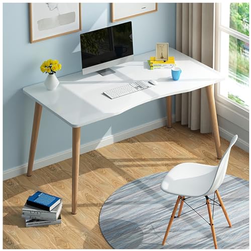 Kleiner weißer Home-Office-Computertisch mit Holzbeinen, ergonomischer Rand, Arbeitsschreibtisch für PC, Büro, breiter Schreibtisch, Schreibtisch für Studenten, Arbeit und Studium, Schreibtisch mit