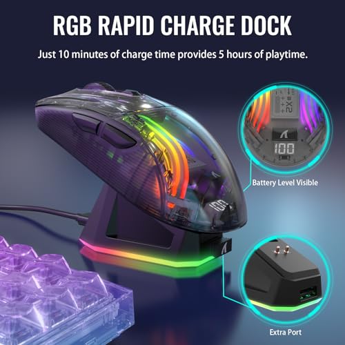 Image of ATTACK SHARK X2 Pro Wireless Gaming Mouse with RGB Charging Dock,Tri-Mode PC Gaming Mice 2.4G /Bluetooth /Wired,Noiseless Mouse RGB Backlit,Transparent Shell,PixArt 3212 4000 DPI,for Win /MAC,Black