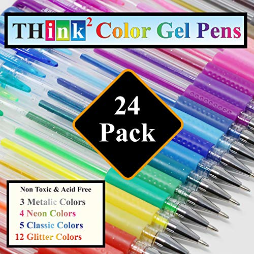 Image of [24 Colors] Think2 Color Gel Pens Set for Teens and Adult. Perfect for Drawing, Journaling, Doodling, Scrapbooking