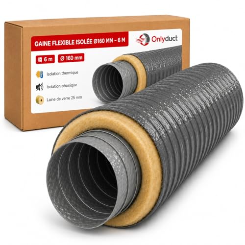 Onlyduct - Gaine PVC Isolée diamètre 160mm - longueur 6 mètres - Laine de Verre 25mm - PVC Sans Phtalate - Conduit Souple pour Vmc Simple et Double Flux -...