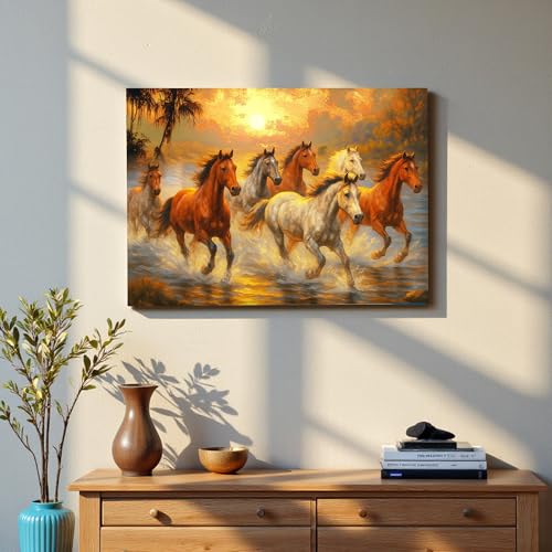 Image of 7 Running Horses Vastu Stretched Canvas Painting For Living Room Seven Horses Vastu Wall Art Painting Symbol of Success, Growth & Positive Energy Wall Art for Home & Office, 22x34 Inch