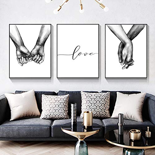 Impressions sur toile noir et blanc tenant les mains | Lot de 3 affiches minimalistes 20x30cm