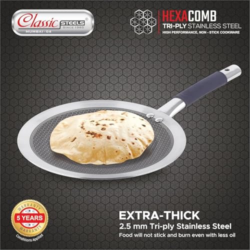 Image of Classic Steels Hexa Comb Roti Tawa 24cm - 2.5mm Thick | Non-Stick Triply Stainless Steel Roti Tawa for Roti, Chapati, Paratha | Induction & Gas Compatible| Durable Stay Cool Silicon Handle