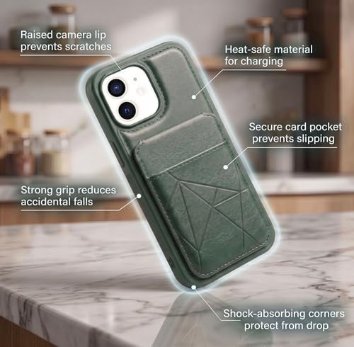 Image of amazon basics Premium Vegan Leather Back Cover with Card Holder and Integrated Mobile Stand for iPhone 12 - Slim Shockproof Wallet Case with Geometric Stitching [Green]