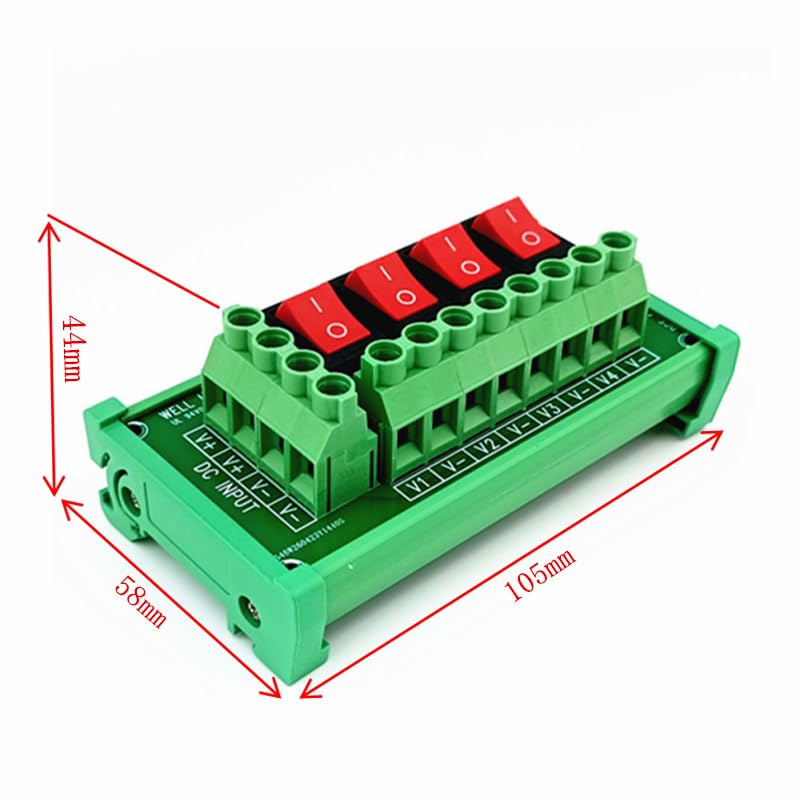 DIN Rail Mount 4 Channel Red Rocker Switch DC Power Distribution Strip Module.