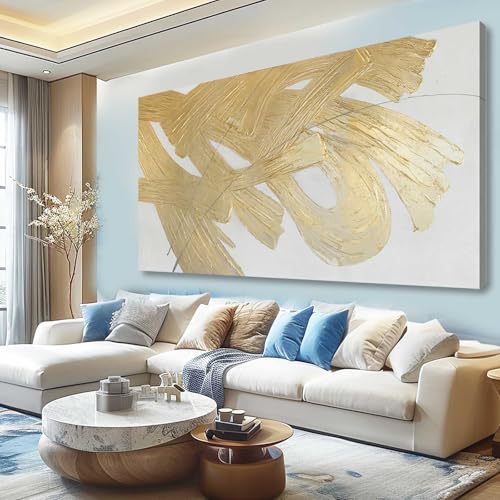 Image of XIANSHOU Wall Decorations for Living Room Gold and White Abstract Canvas Art Oil Painting Large Minimalist Decor Wall Art for Office Bedroom Home 29 inchx 58 inch