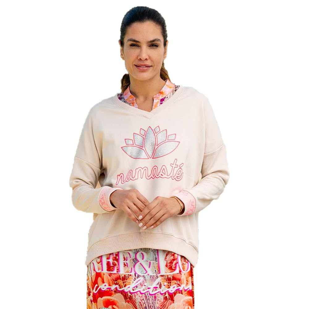 Miss Goodlife MG11320 Damen V-Neck Sweatshirt Namaste, Creme/neon pink,