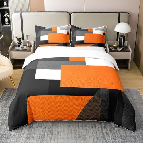 Orange and Black Duvet Cover 100% Cotton Geometry Bedding Set for Kids Boys Girls Teens Room Decor Geometric Square Comforter Cover Set Double Size Abstract Art Bedspread Cover 3Pcs Zipper