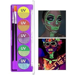 UV Neon Blacklight Body Paint – with Application Brushes Set Easy to Use and Apply – Neon Colors Under Blacklight Face Paint- Long-Lasting Glow for Christmas Parties, Dance Events, Art Projects (01)