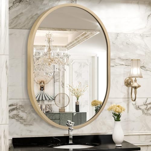 JJUUYOU Espejo de pared ovalado con marco de metal de 16 x 20 pulgadas, pequeño espejo circular para baño, espejos de tocador para pared, marco de madera, espejos de maquillaje para entrada, sala de