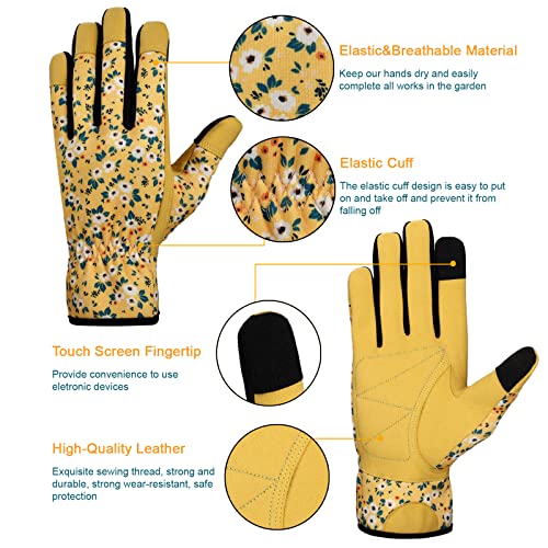 Petacffe Leather Gardening Gloves For Women - Garden Breathable Work Gloves With Touch Screen Function For Weeding, Planting, Mowing, Landscaping, Yard Work (Medium, Yellow) #TOP3