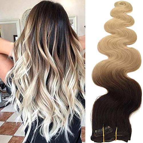 22 Inch Body Wave Wavy Human Hair Clip in Hair Extensions Ombre Curly Brazilian Hair Extensions 2 Tone Balayage Color Dark Brown Fading to Bleach Blonde Highlights Clip on Real Remy Hair Double Weft