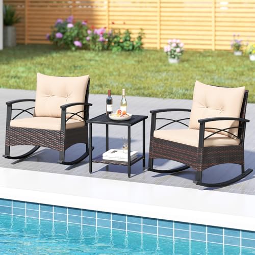 Image of Tangkula 3 Pieces Wicker Outdoor Rocking Chairs Set | Heavy Duty | Cushioned | Rattan Rocker Bistro Set w / 2-Tier Tempered Glass Coffee Table for Garden, Balcony, Backyard