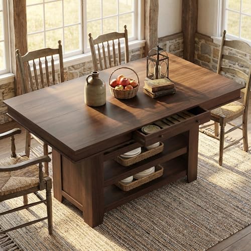 Garvee Counter Height Dining Table with 2 Drawers 36 Farmhouse Wooden Large Bar Kitchen Table with Wine Rack & 3 Shelves Rectangular Thick Frame for Kitchen Bar & Entertaining Retro Brown