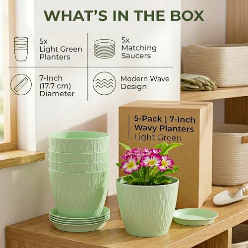 Image of Eightiz (Pack of 5 6 Inch Plastic Flower Pots for Indoor & Outdoor Terrace,Garden Plants Decorative Planters with Drainage Holes & Matching Saucers Durable & Lightweight (Green)